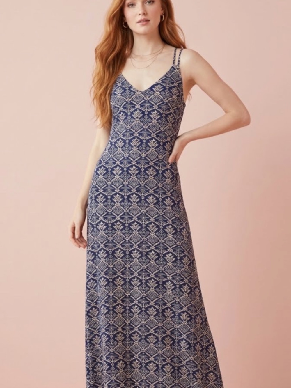 GXF by Gentle Fawn Navy Tan Geometric Print Maxi Dress M